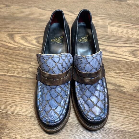 Women's Bristol Freebird Blue Snakeskin Print Leather Chunky Loafer Heels sz 10 - Picture 6 of 9